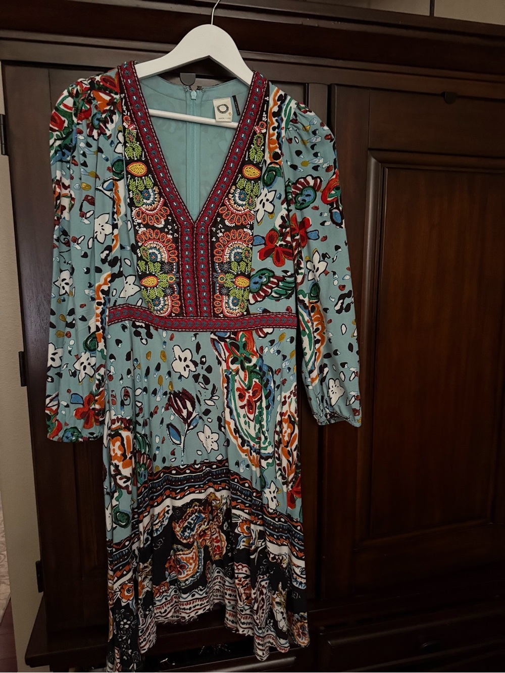 Anthropologie Light Blue Boho Floral Embroidered and beaded -Trim Midi Dress